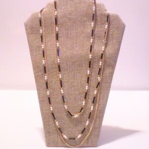 Vintage Gold Tone Black and White Beaded Double Strand Necklace